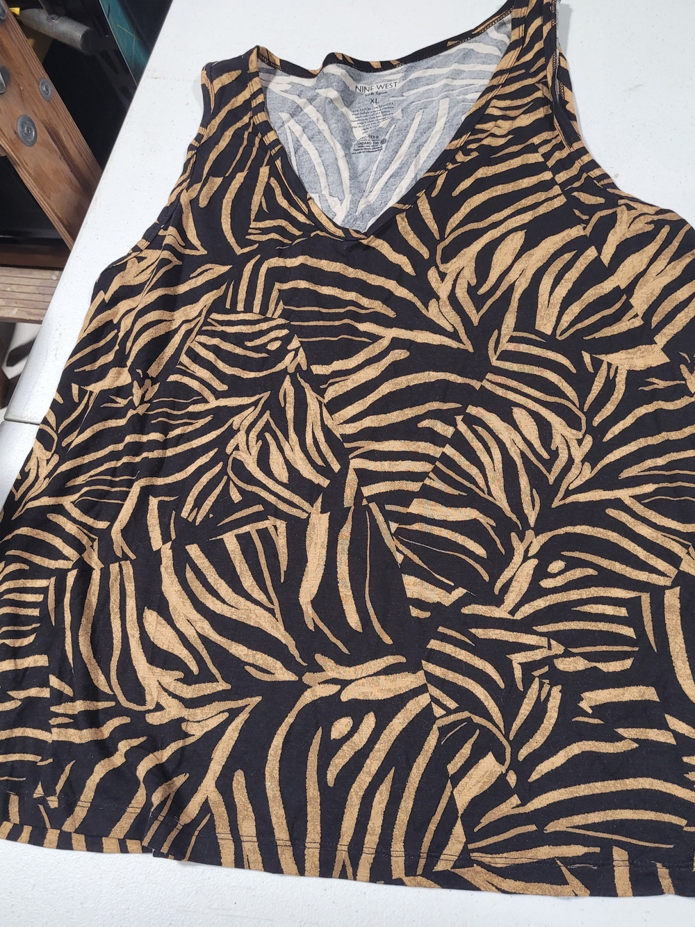 Nine West Black and Tan Animal-Print V-Neck Tank